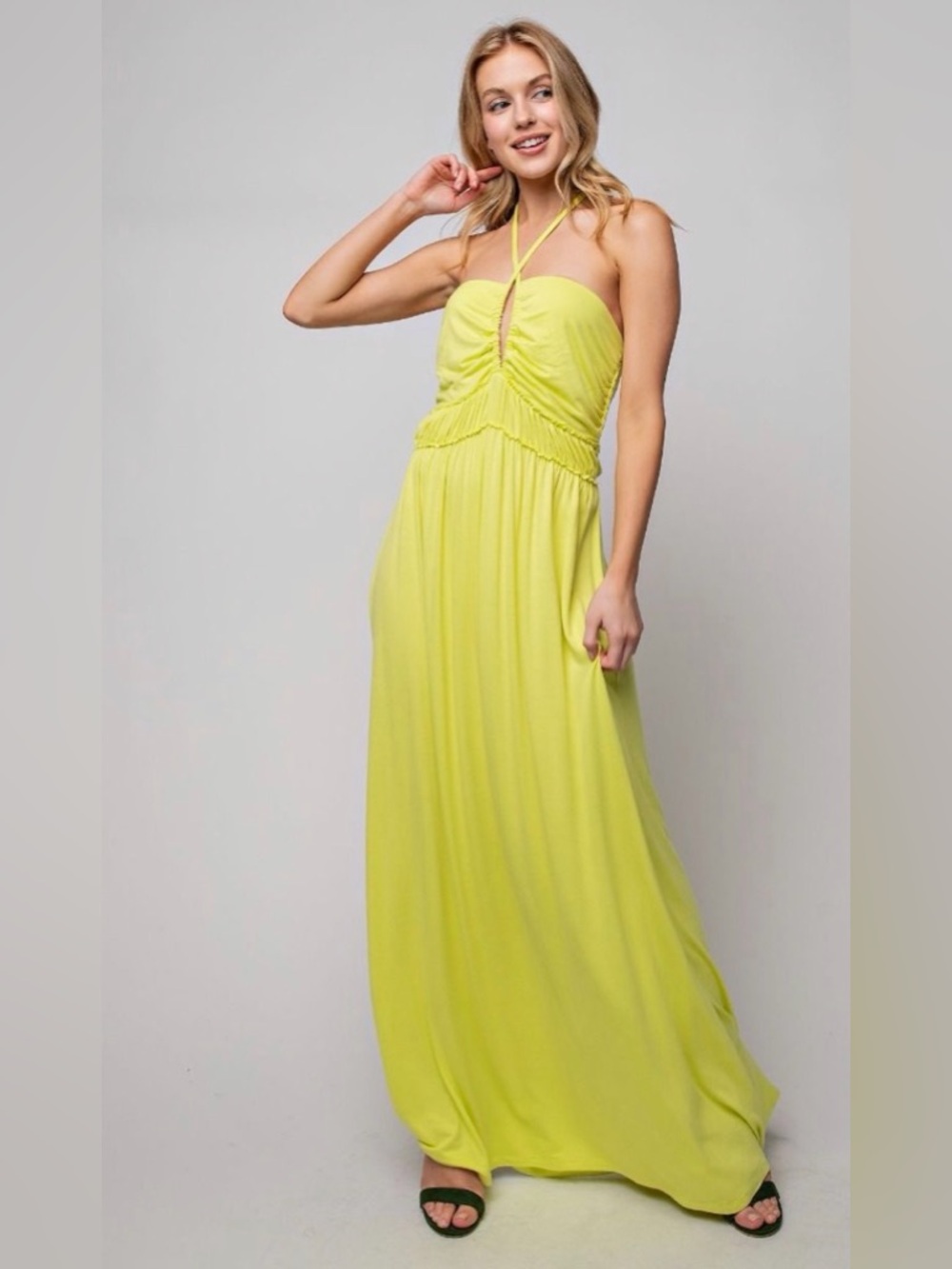 NEW! EASEL RAYON SPAN HALTER NECK MAXI DRESS in Neon Lime 🍋‍🟩